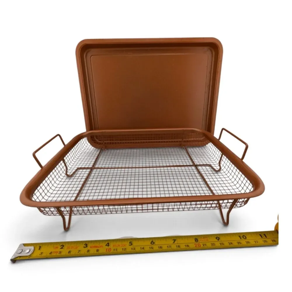 Copper Nonstick Baking Tray Roasting Pan w Mesh Basket Rack 2 Pc Set 12.75